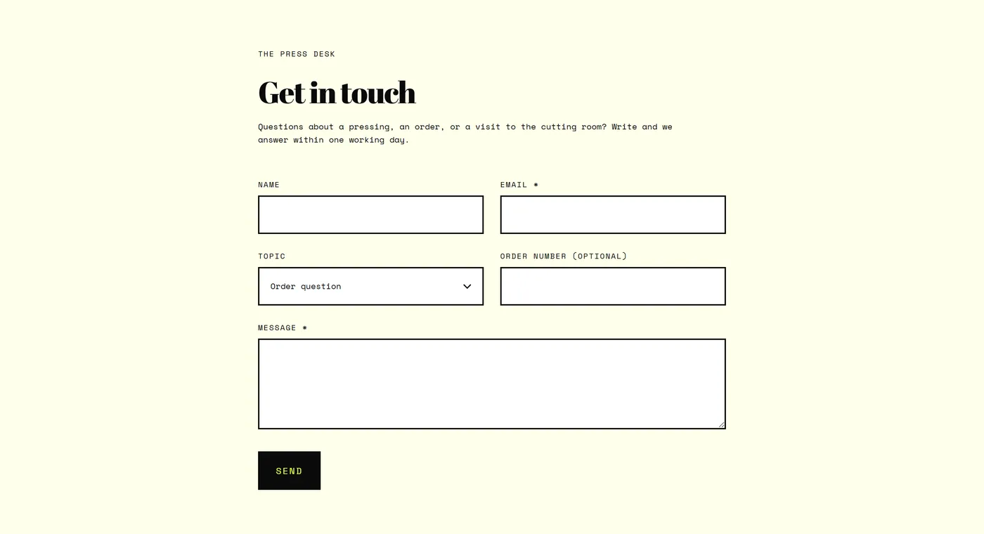 The Contact form section on a live store