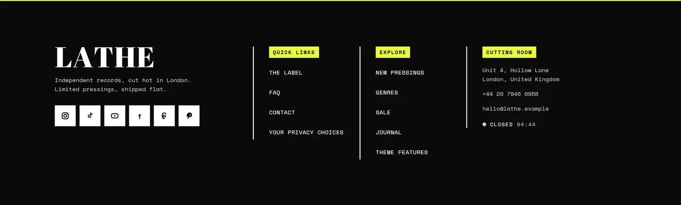 The Footer section on a live store